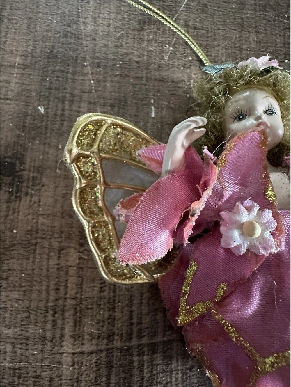 Vintage Pink Fairy Angel Christmas Ornament Porcelain Face Gold Glitter Wings